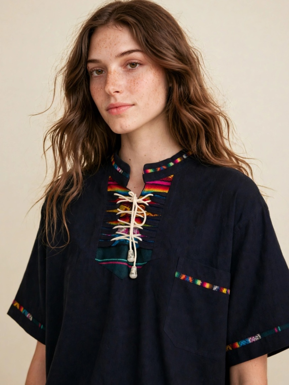 Vintage Navy Bohemian Embroidered Oversized Tunic Top Hippie Blouse M